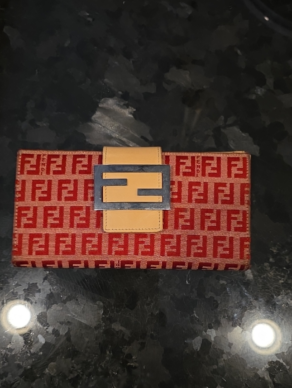 Fendi Red Zucca Monogram Wallet with Tan Leather Trim